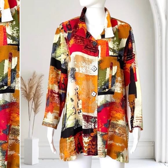 Ali Miles Tunic Vibrant Wearable Art to Wear Button Up 3/4 Sleeve One Pocket - Picture 1 of 10